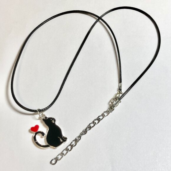 Black Cat Charm Pendant Necklace 16-18" Enamel Red Heart Halloween Cat Lady - Picture 5 of 8